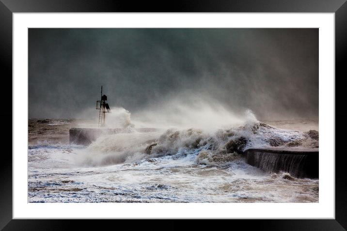 Storm waves breaking over the harbour arm at Hastings  Framed Mounted Print by Paul Praeger