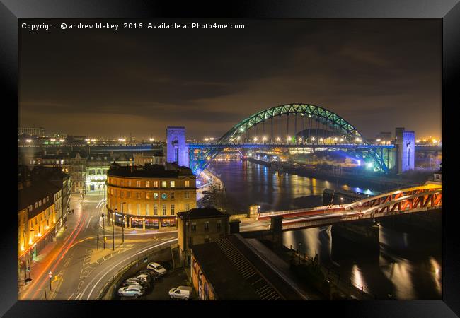 Newcastle Quayside at night from High Level Bridge Framed Print by andrew blakey