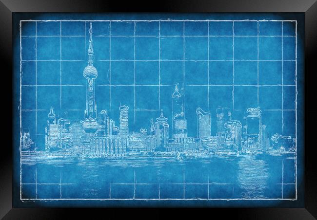 Shanghai Blueprint Framed Print by Richard Downs