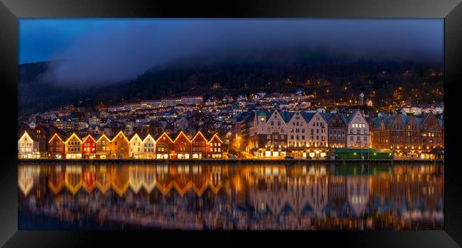Bergen Harbor at Night Framed Print by Eirik Sørstrømmen