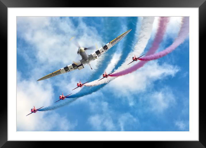 Spitfire leads the Red Arrows Display Framed Mounted Print by David Stanforth