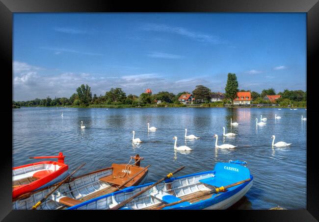 Swans and Boats, Thorpeness  Framed Print by David Stanforth