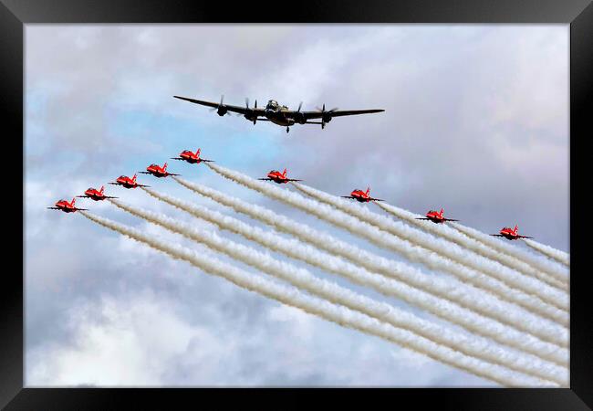 Lancaster and Red Arrows in formation Framed Print by David Stanforth