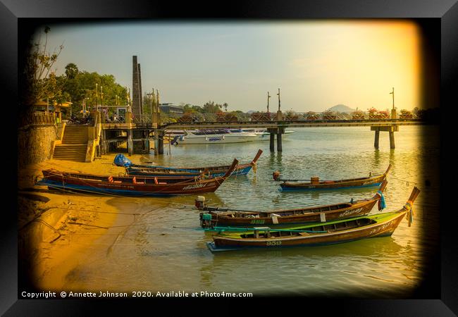 Golden Olden days boats at Chalong Pier Framed Print by Annette Johnson