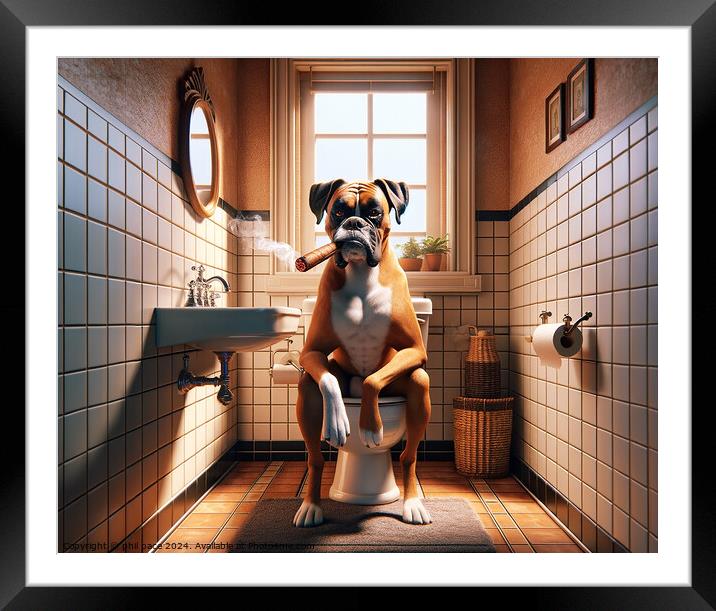 How a Classy Boxer Takes a Break: Cigar Time in the Bathroom 2 Framed Mounted Print by phil pace