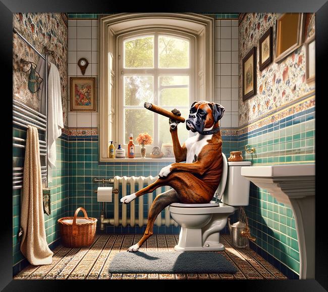 How a Classy Boxer Takes a Break: Cigar Time in the Bathroom 1 Framed Print by phil pace