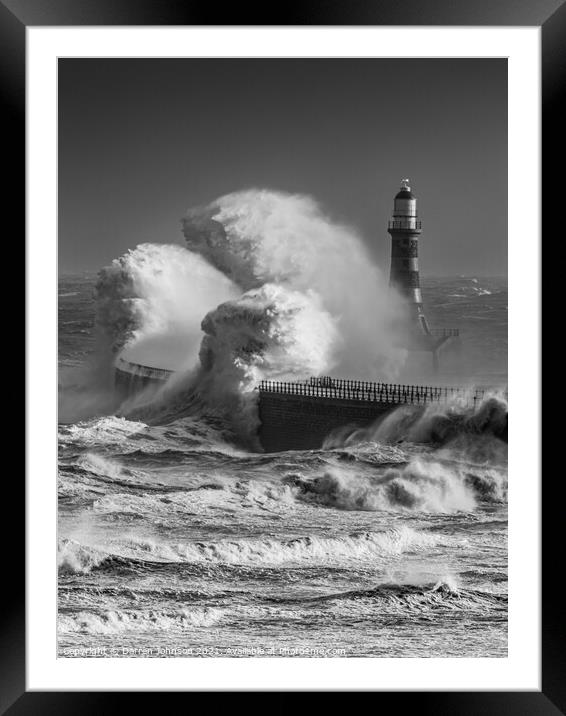 Storm Arwen Roker Lighthouse Black and White Framed Mounted Print by Darren Johnson
