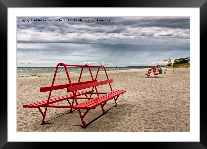 Red Bench On A Beach Framed Mounted Print by Jukka Heinovirta
