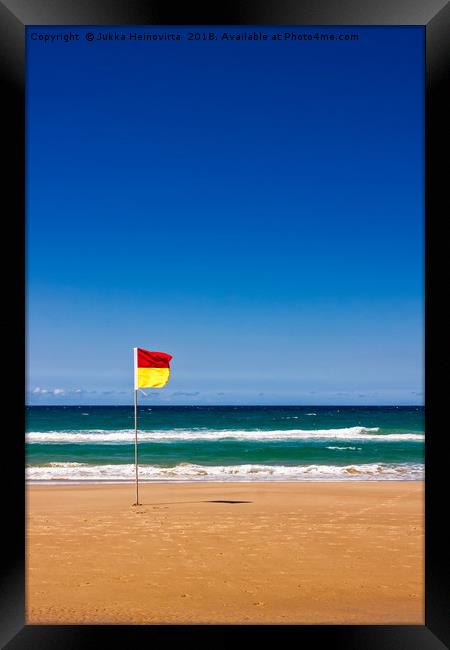 Lonely Life Saver Flag On Australian Beach Framed Print by Jukka Heinovirta