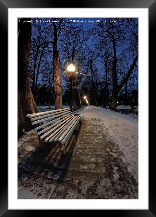 Bench In The Dark Park Framed Mounted Print by Jukka Heinovirta