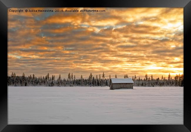 Small Barn House Covered With Snow Under the Drama Framed Print by Jukka Heinovirta