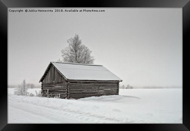 Snow Covered Barn House By The Road Framed Print by Jukka Heinovirta