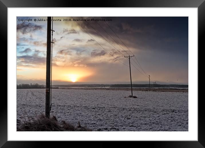 Telephone Lines In The Winter Sunrise Framed Mounted Print by Jukka Heinovirta
