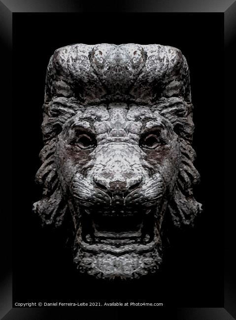 Creepy Lion Head Sculpture Over Black Framed Print by Daniel Ferreira-Leite