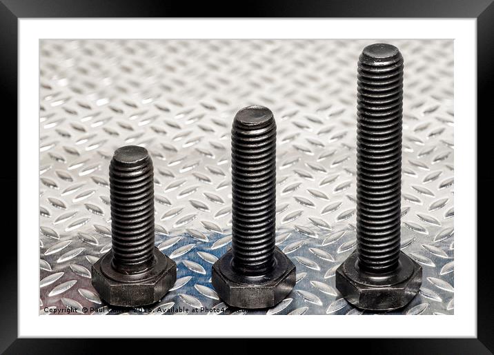 Three metric bolts standing to attention. Framed Mounted Print by Paul Cullen