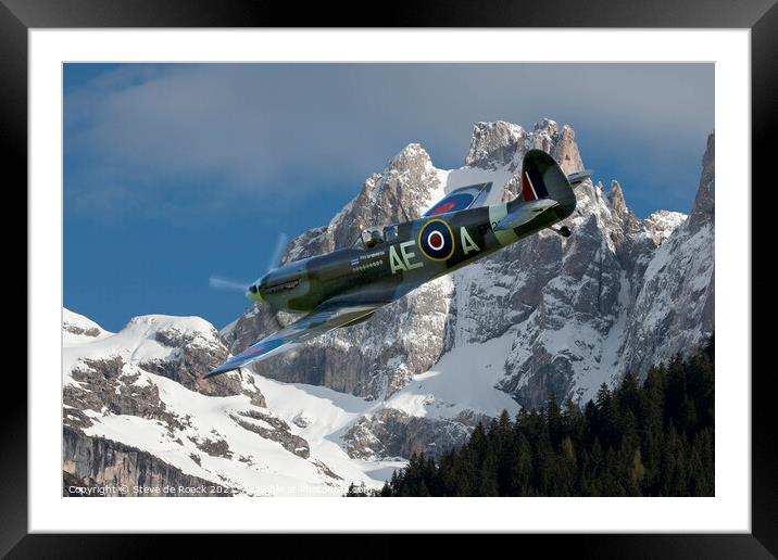 Spitfire LFVb Amongst The Mountain Peaks Framed Mounted Print by Steve de Roeck