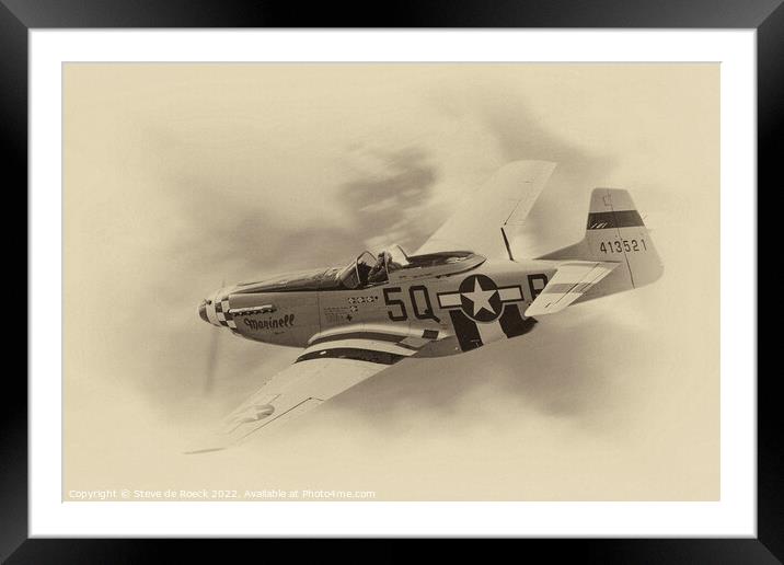 North American P51D Mustang Sweeps Across The Sky. Framed Mounted Print by Steve de Roeck