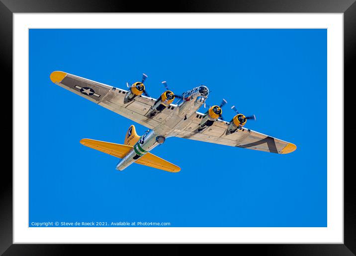 Boeing B17 Flies Overhead In Deep Blue Sky Framed Mounted Print by Steve de Roeck