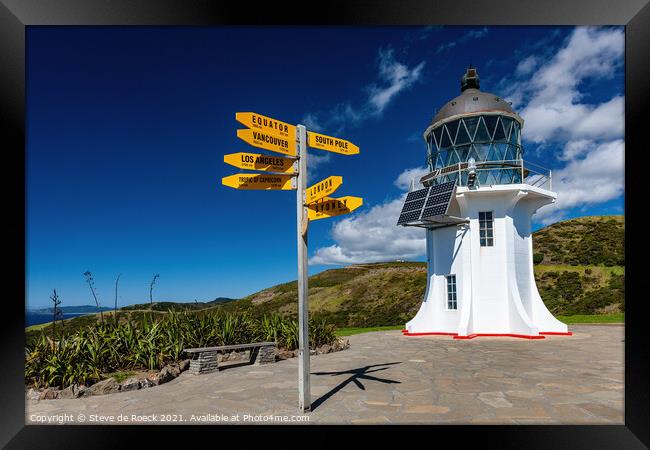 Lighthouse At Cape Reinga, New Zealand Framed Print by Steve de Roeck