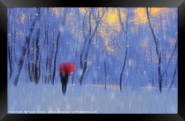 Red umbrella in the snow Framed Print by Pavel Ivanov