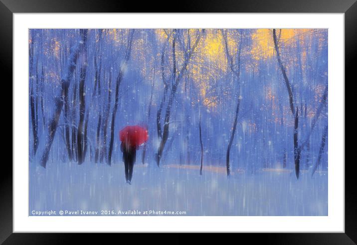 Red umbrella in the snow Framed Mounted Print by Pavel Ivanov