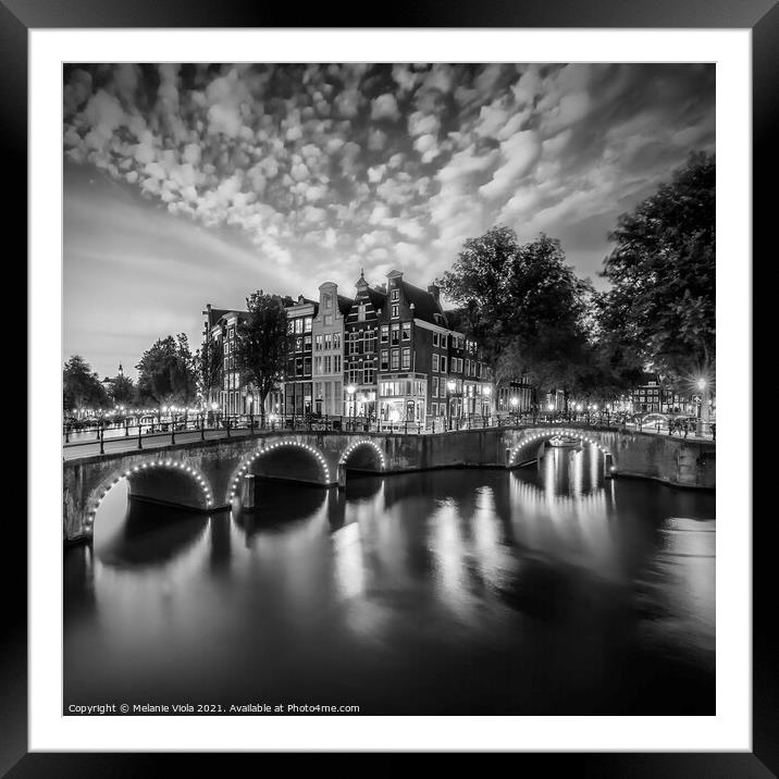 AMSTERDAM Idyllic nightscape from Keizersgracht and Leidsegracht | Monochrome Framed Mounted Print by Melanie Viola
