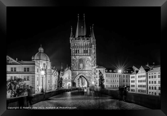 Evening bustle at the Charles Bridge - Monochrome Framed Print by Melanie Viola