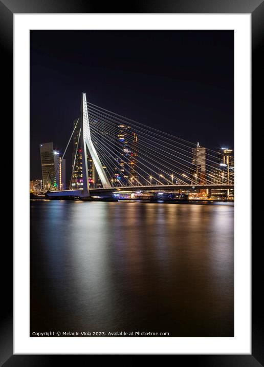 Erasmus Bridge at night with Rotterdam skyline Framed Mounted Print by Melanie Viola