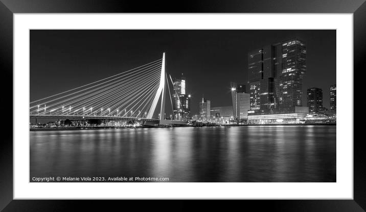 ROTTERDAM Erasmus Bridge at night | Monochrome Panorama Framed Mounted Print by Melanie Viola