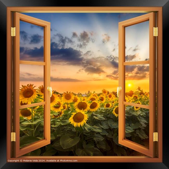 View of sunflowers at sunset Framed Print by Melanie Viola
