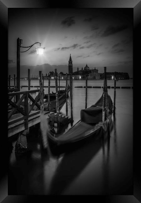 VENICE Gondolas in black and white Framed Print by Melanie Viola