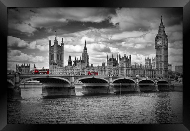 LONDON Houses of Parliament and Red Buses Framed Print by Melanie Viola