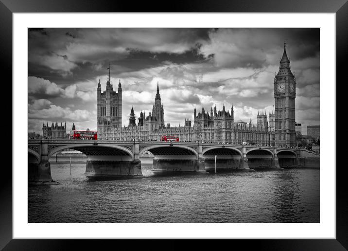 LONDON Houses of Parliament and Red Buses Framed Mounted Print by Melanie Viola