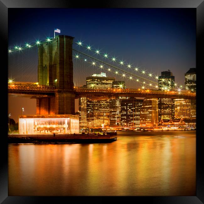 Night Skyline MANHATTAN Brooklyn Bridge Framed Print by Melanie Viola