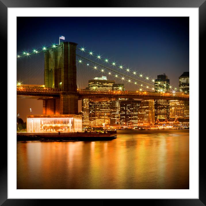 Night Skyline MANHATTAN Brooklyn Bridge Framed Mounted Print by Melanie Viola