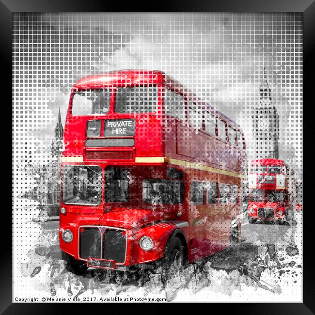 Graphic Art LONDON WESTMINSTER Red Buses Framed Print by Melanie Viola