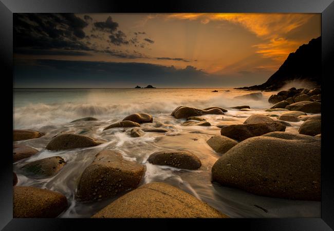 Porth Nanven sunset at low tide Framed Print by Michael Brookes