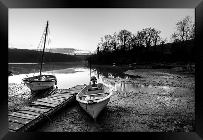 Saint Clement moorings at low tide in monochrome Framed Print by Michael Brookes
