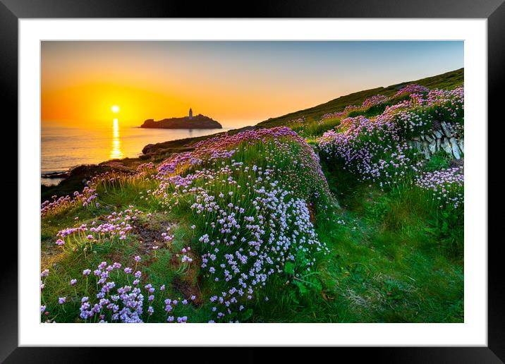 Godrevy lighthouse at sunset Framed Mounted Print by Michael Brookes