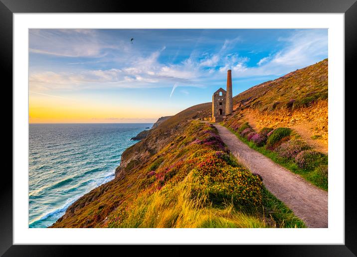 Paraglider over Towanroath mine shaft Wheal Coates Framed Mounted Print by Michael Brookes