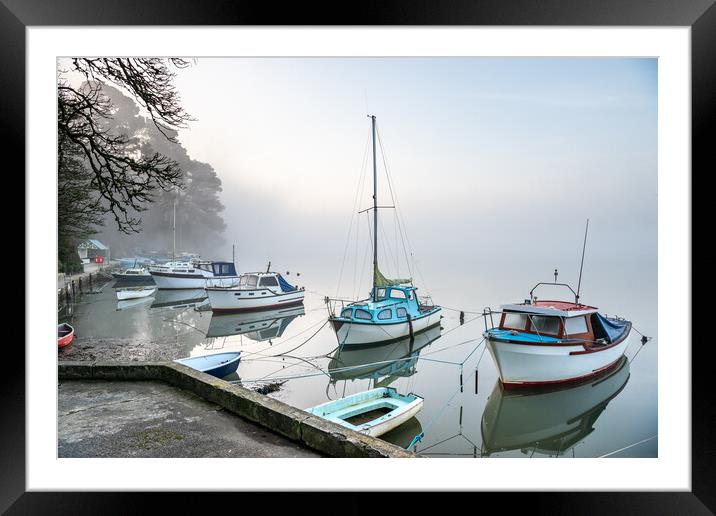 Boats moored at Malpas village at dawn Cornwall UK.  Framed Mounted Print by Michael Brookes