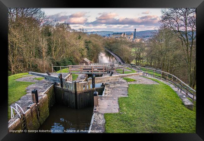 Five Rise Locks at the canal in Bingley Framed Print by George Robertson