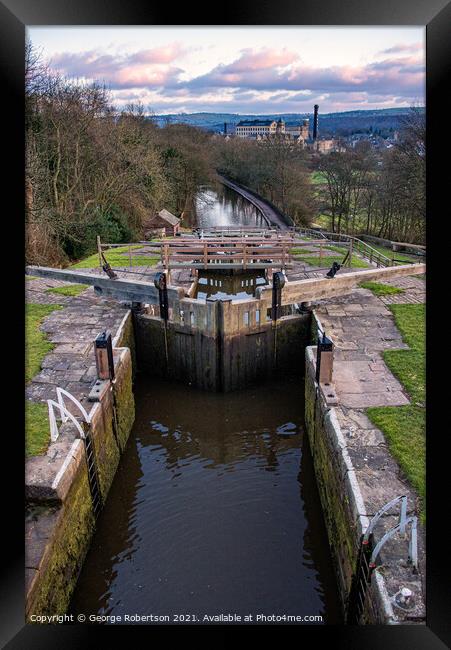 Evening light at Five Rise Locks in Bingley Framed Print by George Robertson