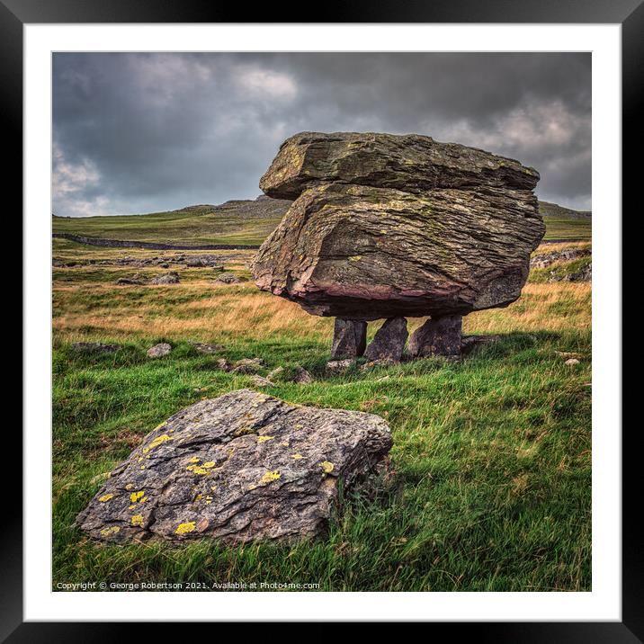 Balancing stones at the Norber Erratics Framed Mounted Print by George Robertson