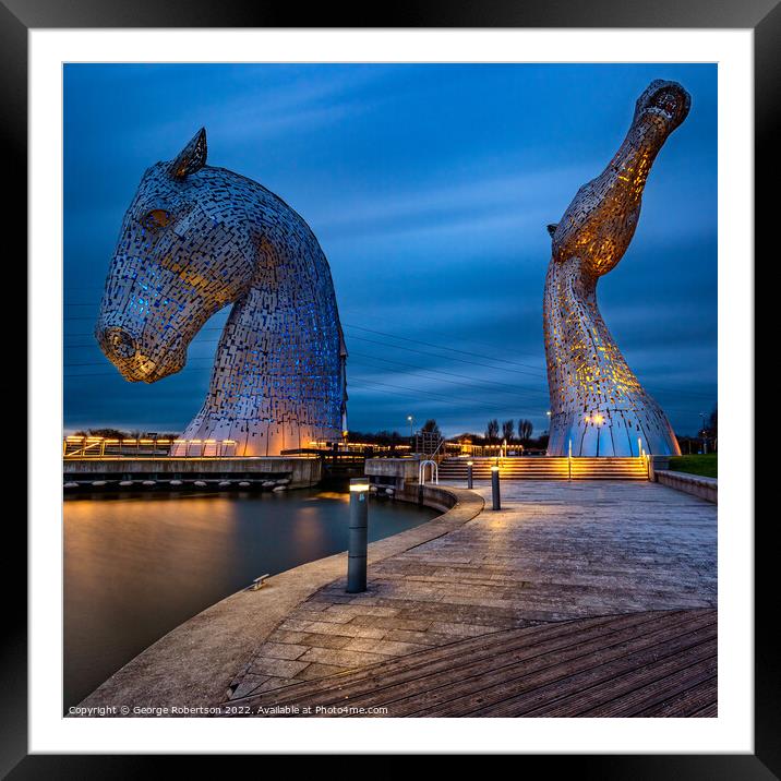 The Kelpies at Helix Park, Falkirk in Ukraine colours Framed Mounted Print by George Robertson