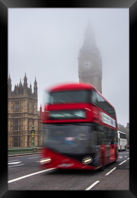 London Bus crosssing Westminster Bridge on a foggy Framed Print by George Robertson