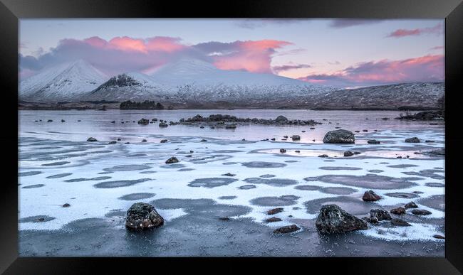 First light on a frozen Lochan na h-achlaise  Framed Print by George Robertson