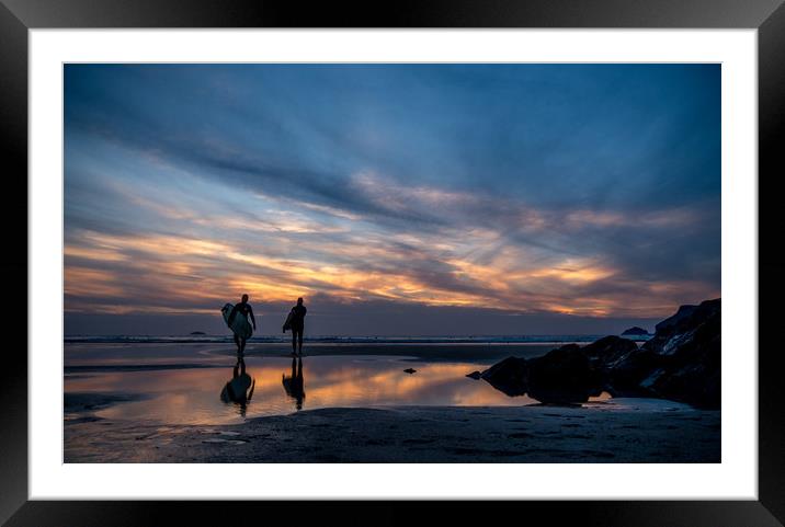 Sunset Surfing - Polzeath Cornwall  Framed Mounted Print by Jon Rendle