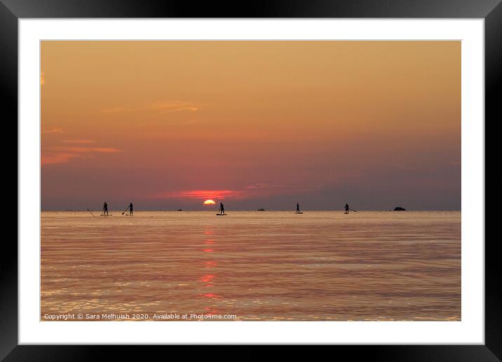 Surfers at sunset Framed Mounted Print by Sara Melhuish