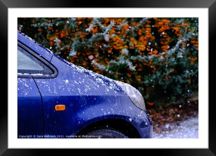 A blue car in the snow Framed Mounted Print by Sara Melhuish
